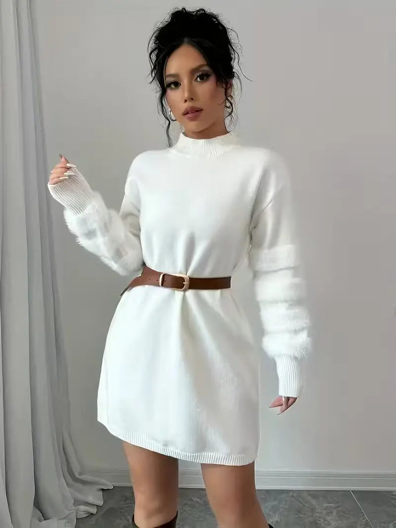 Casual Stand-Collar Loose-Fit Knit Patchwork Dress