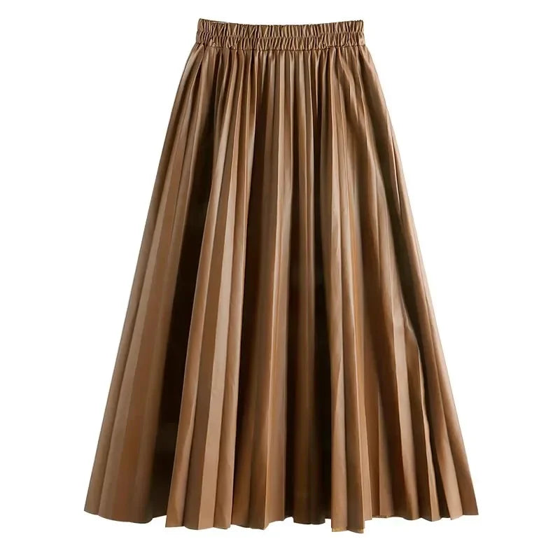 Leather Pleated High Waist long Skirt