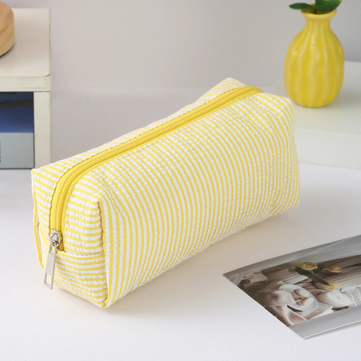 Cute Striped Canvas Pencil Case Small Travel Pouch with Zipper