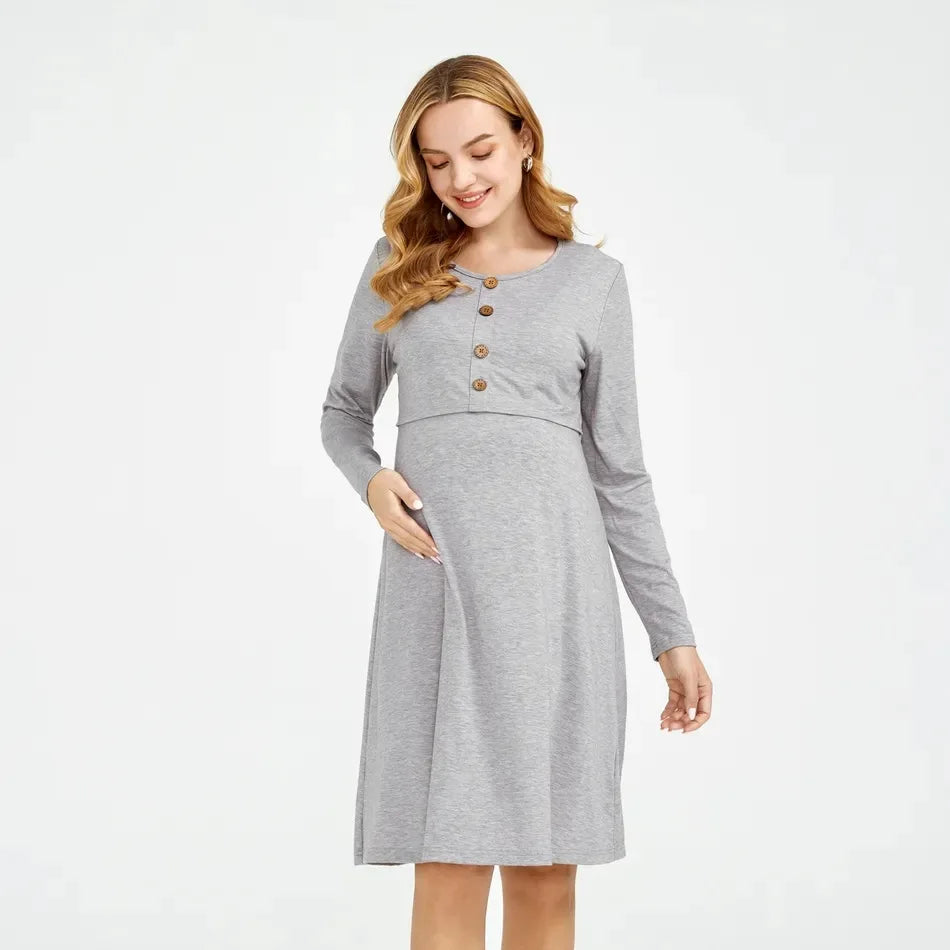 Casual Solid-colored Long-sleeved Maternity Dress
