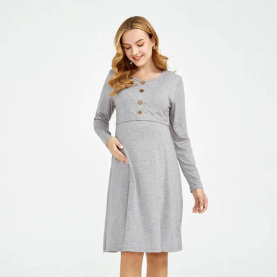 Casual Solid-colored Long-sleeved Maternity Dress