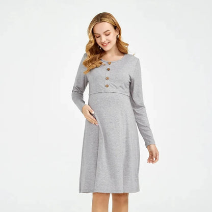 Casual Solid-colored Long-sleeved Maternity Dress