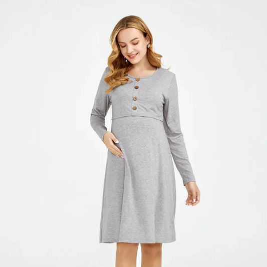 Casual Solid-colored Long-sleeved Maternity Dress