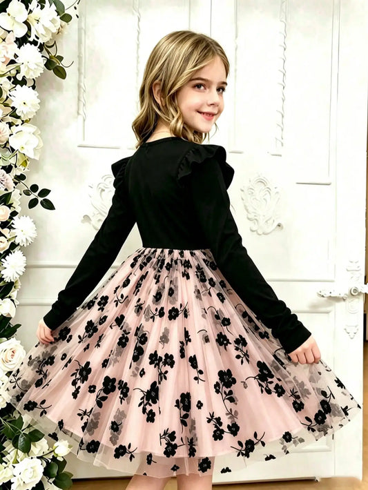 Casual round Neck Autumn Lotus Leaf Side Length Sleeve Mesh Flower Dress