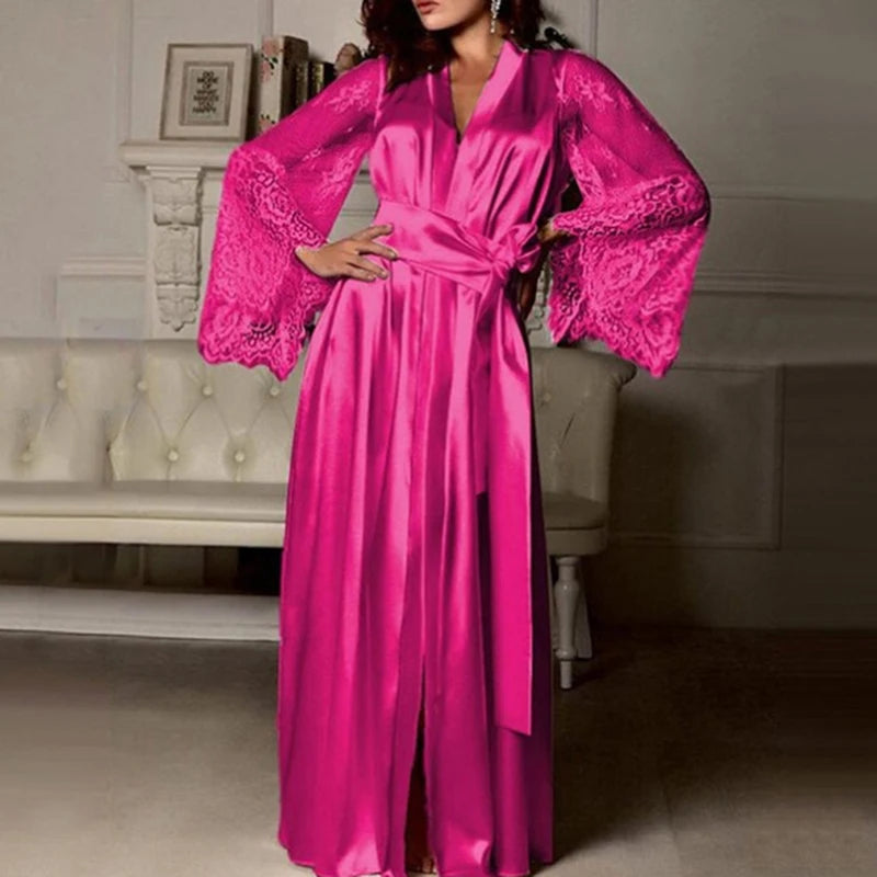 Sexy Long Lace Bath Robe Ice Silk Lingerie