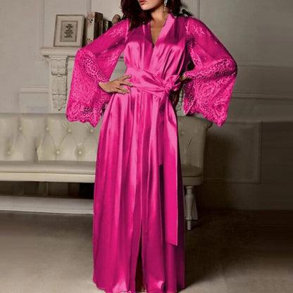Sexy Long Lace Bath Robe Ice Silk Lingerie
