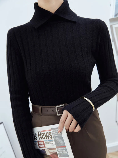 Polo Collar Knitted Sweater Long Sleeve Slim Fit Pullovers