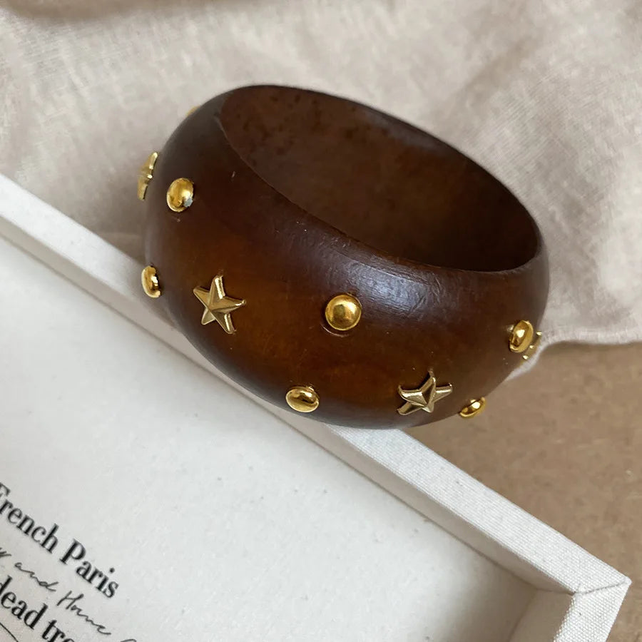Natural Wooden Square Round Hip Hop  Rivet Beads Wide Bangles Bracelet