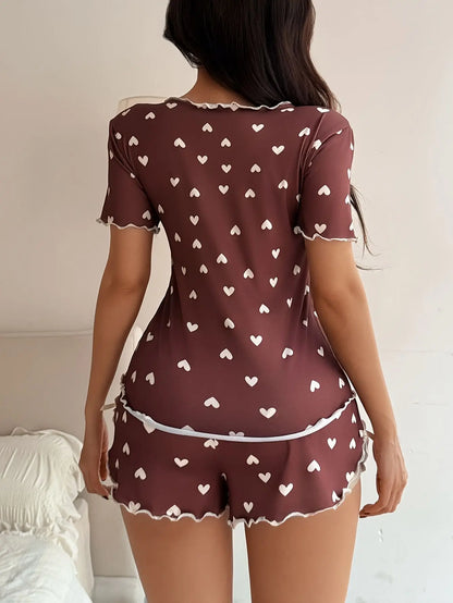 Love Printed Collar Short Sleeve Bow Slim Fit Pajamas