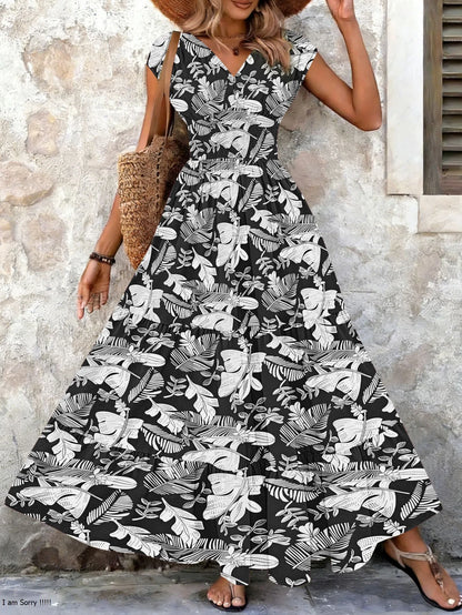 Vintage Floral Print Elegant V-Neck Short Sleeve Dress