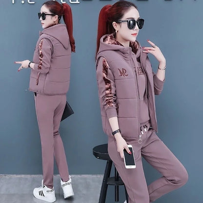 Casual Autumn Winter Thickened Hooded Waistcoat Pants 3 Three Piece Sets
