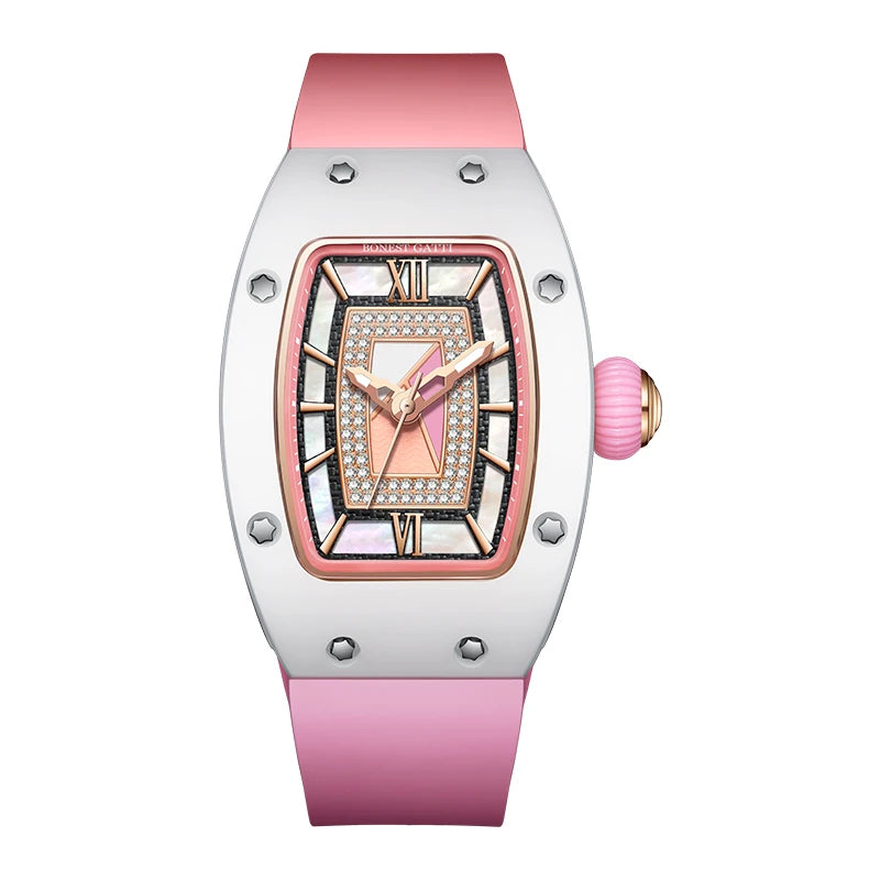 Automatic Ceramic Case Diamond Dial Silicone Strap Waterproof Wristwatch