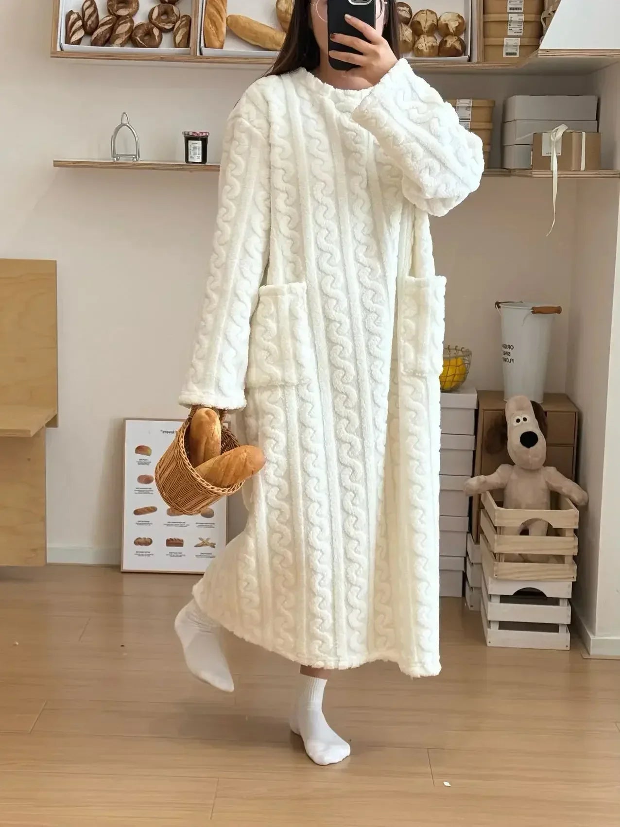 Long Sleeve Double Pocket Thickened Warm Nightdress