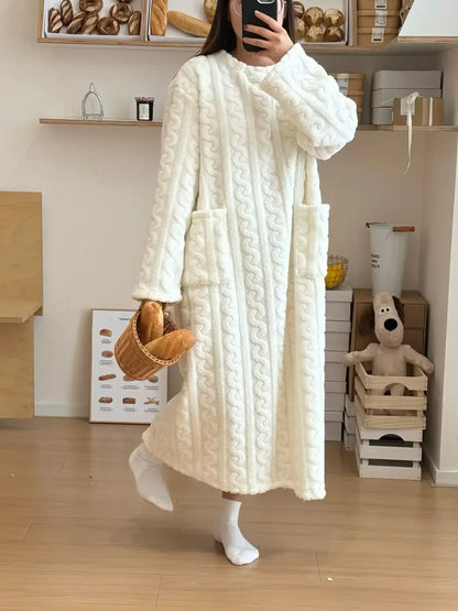 Long Sleeve Double Pocket Thickened Warm Nightdress