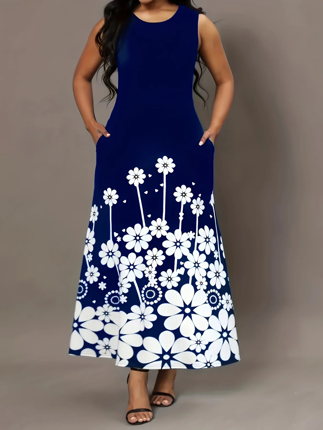 Sleeveless printed loose round neck temperament dress