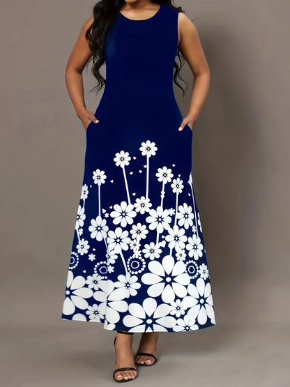 Sleeveless printed loose round neck temperament dress