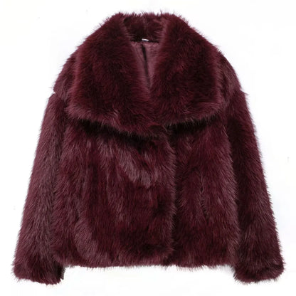Elegant Faux Fur Warm Fluffy Loose Long Sleeve Lapel Jacket