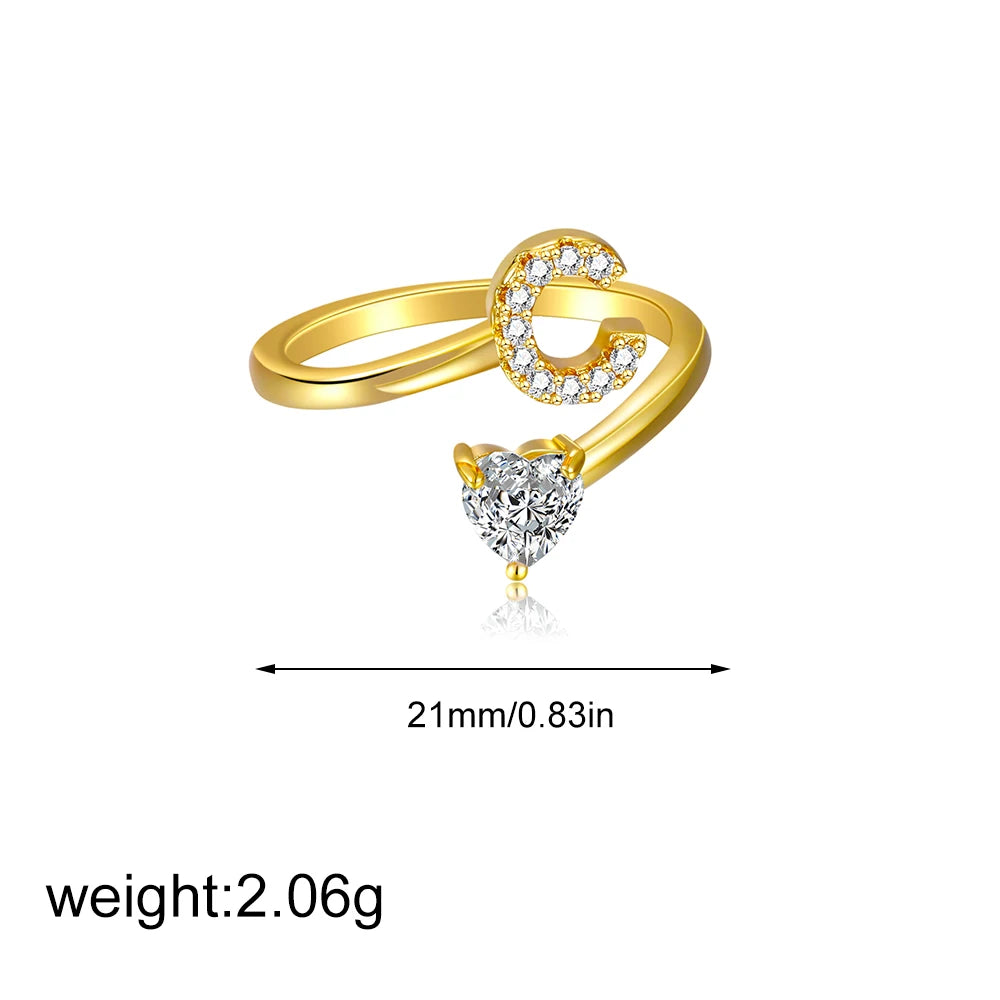Gold Letter Open Heart Shape Cubic Zirconia  A-Z 26 Letter  Lnitials Rings