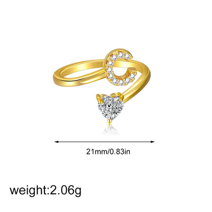 Gold Letter Open Heart Shape Cubic Zirconia  A-Z 26 Letter  Lnitials Rings