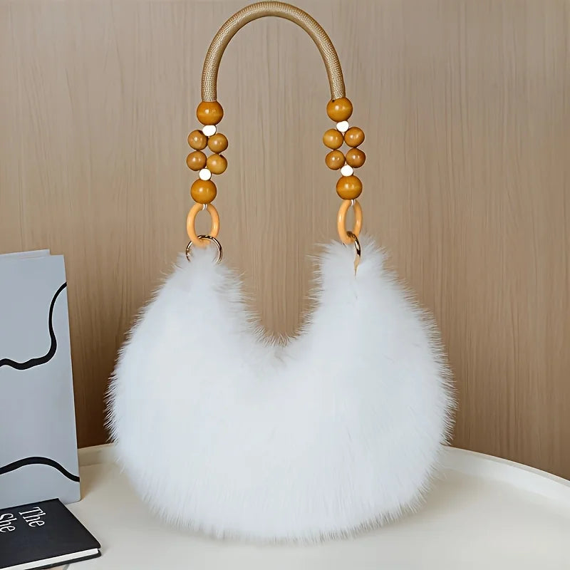 Plush Faux Tote Bead Accented Strap Zipper Closure Elegant Handbags