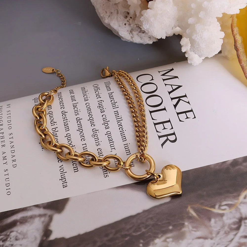 Statement Heart Pendant Stainless Steel Gold Metal Texture Bracelet