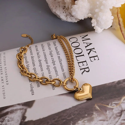 Statement Heart Pendant Stainless Steel Gold Metal Texture Bracelet