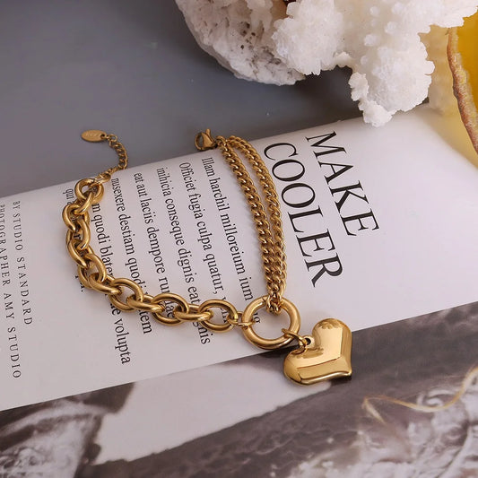 Statement Heart Pendant Stainless Steel Gold Metal Texture Bracelet