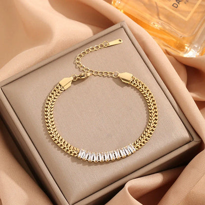 Stainless Steel 2 Rows Embedded Zircon Crystal Thick Chain Bracelets