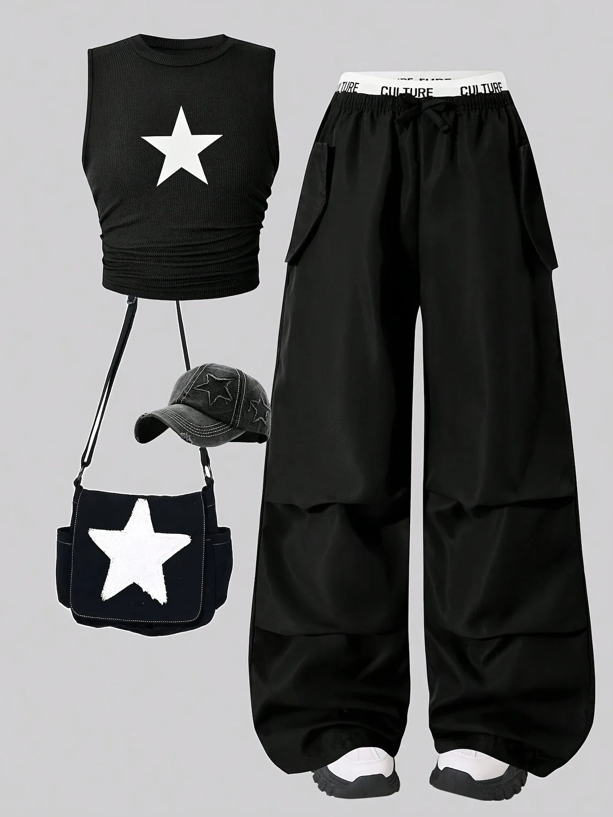 Star Print Crop Top & Cargo Pants Set