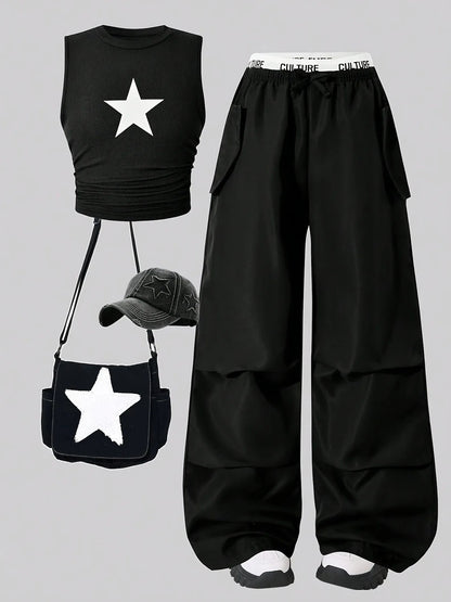 Star Print Crop Top & Cargo Pants Set