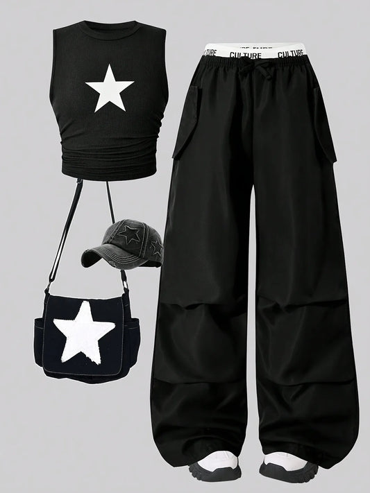 Star Print Crop Top & Cargo Pants Set