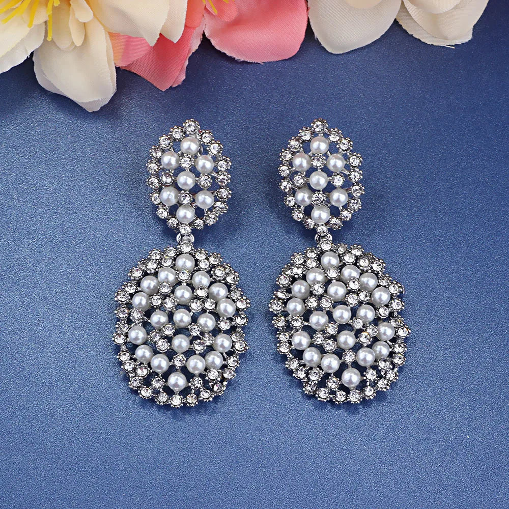 Gold Bridal Drop Simulated Pearl Crystal Statement Earrings