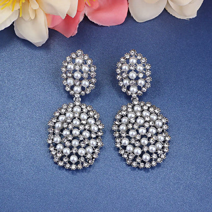 Gold Bridal Drop Simulated Pearl Crystal Statement Earrings