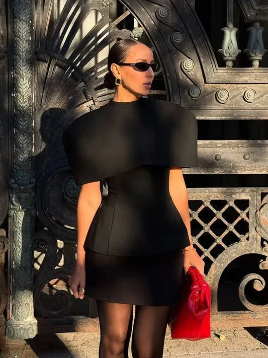 Elegant Side Zipper Strapless Tops+ Vintage O-Neck Cloak Set
