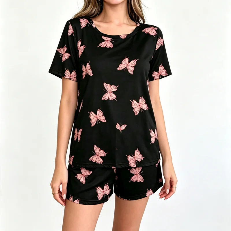 Bow Print Short-Sleeved Top and Shorts Home Wear Pajama Set