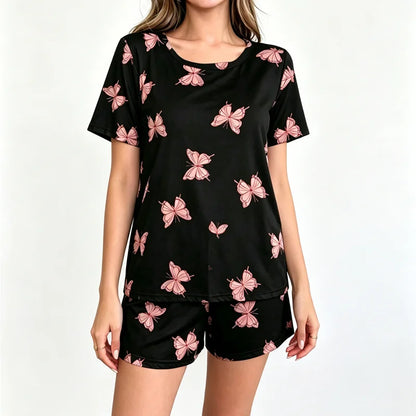 Bow Print Short-Sleeved Top and Shorts Home Wear Pajama Set