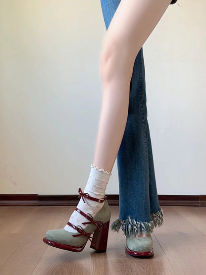 Elegant Bow Chunky Heel Mary Jane High Heels Shoes