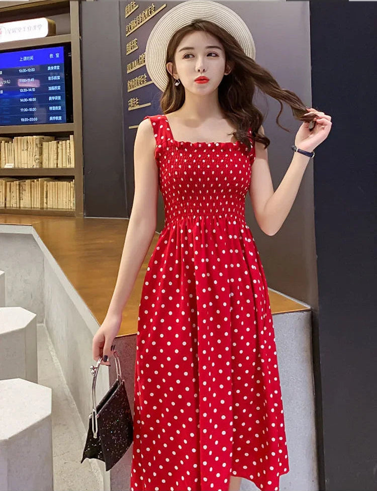 Polka Dot Elegant Sleeveless Chiffon Long Dress