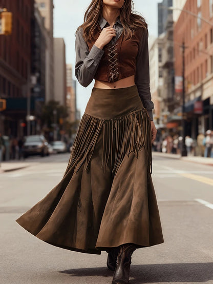 Ethnic Elegant Solid Tassel Slim Fit Midi Skirt