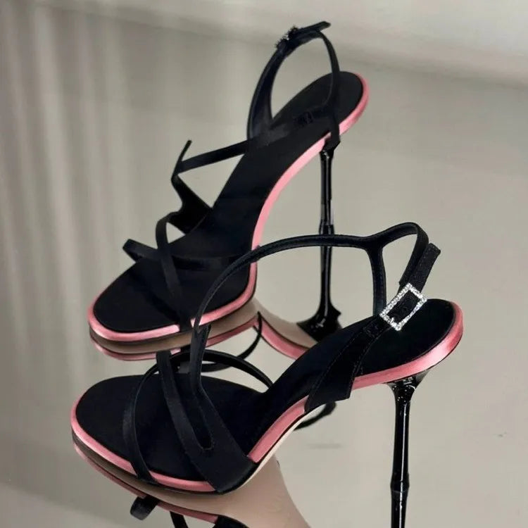 Satin Color Block Stiletto High Heels with One Belt