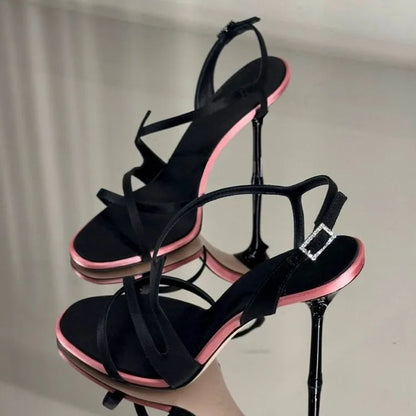 Satin Color Block Stiletto High Heels with One Belt