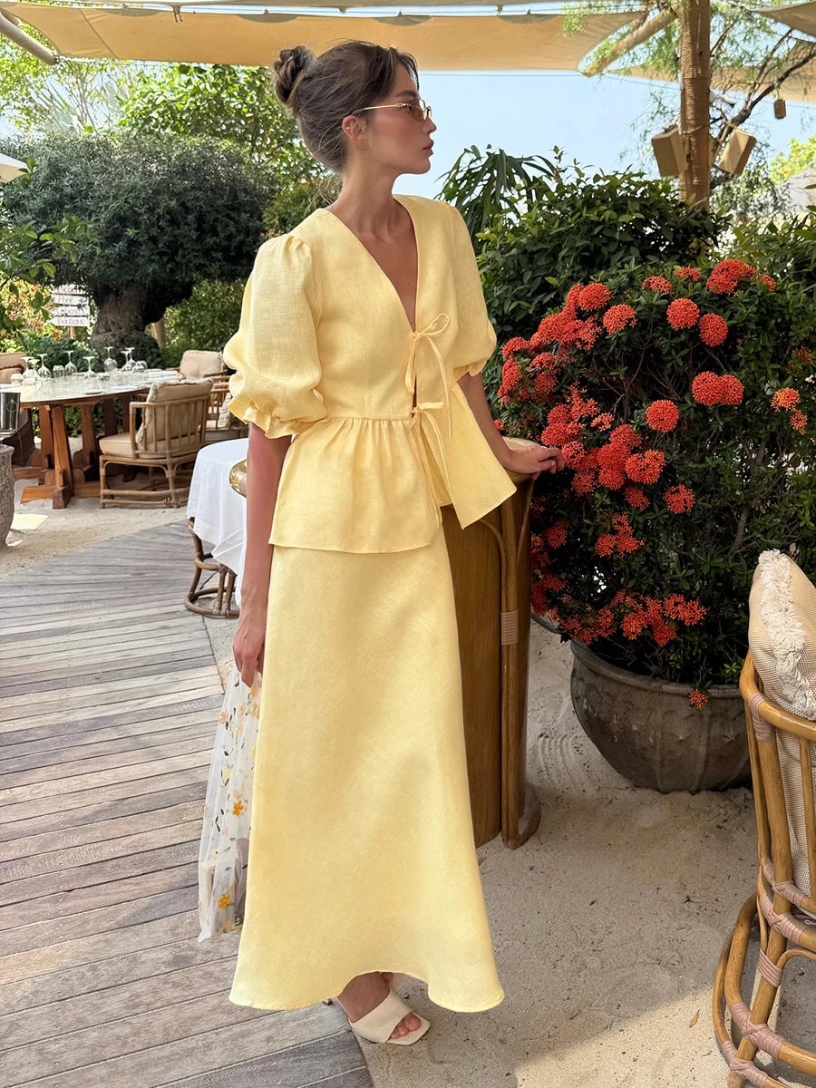 100% Cotton Bubble Sleeve Shirt  Long Skirt Set