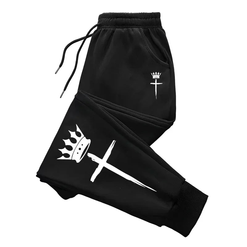 Sports Casual Sweatpants Jogging Cross Crown Print Pants