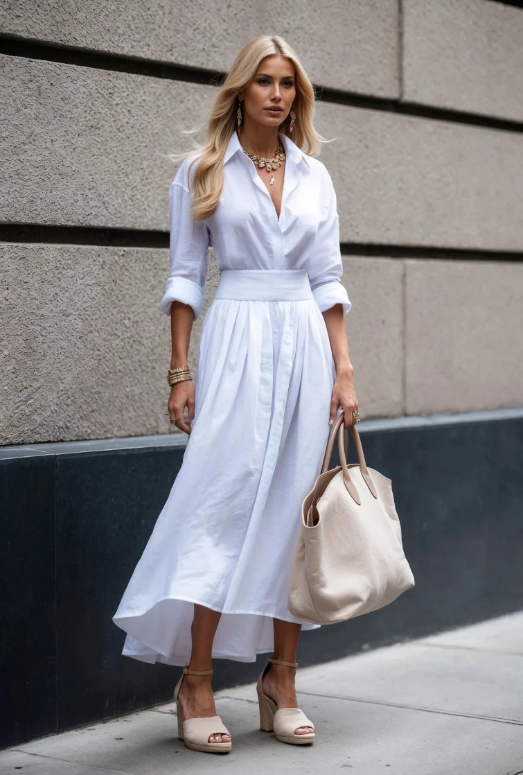 Long Sleeve Button Down Shirt with Collar Pleated A-Line Midi Skirt Dress