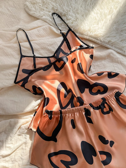 Heart Print Spaghetti Strap Sleepwear Bold Loungewear Pajama Sets