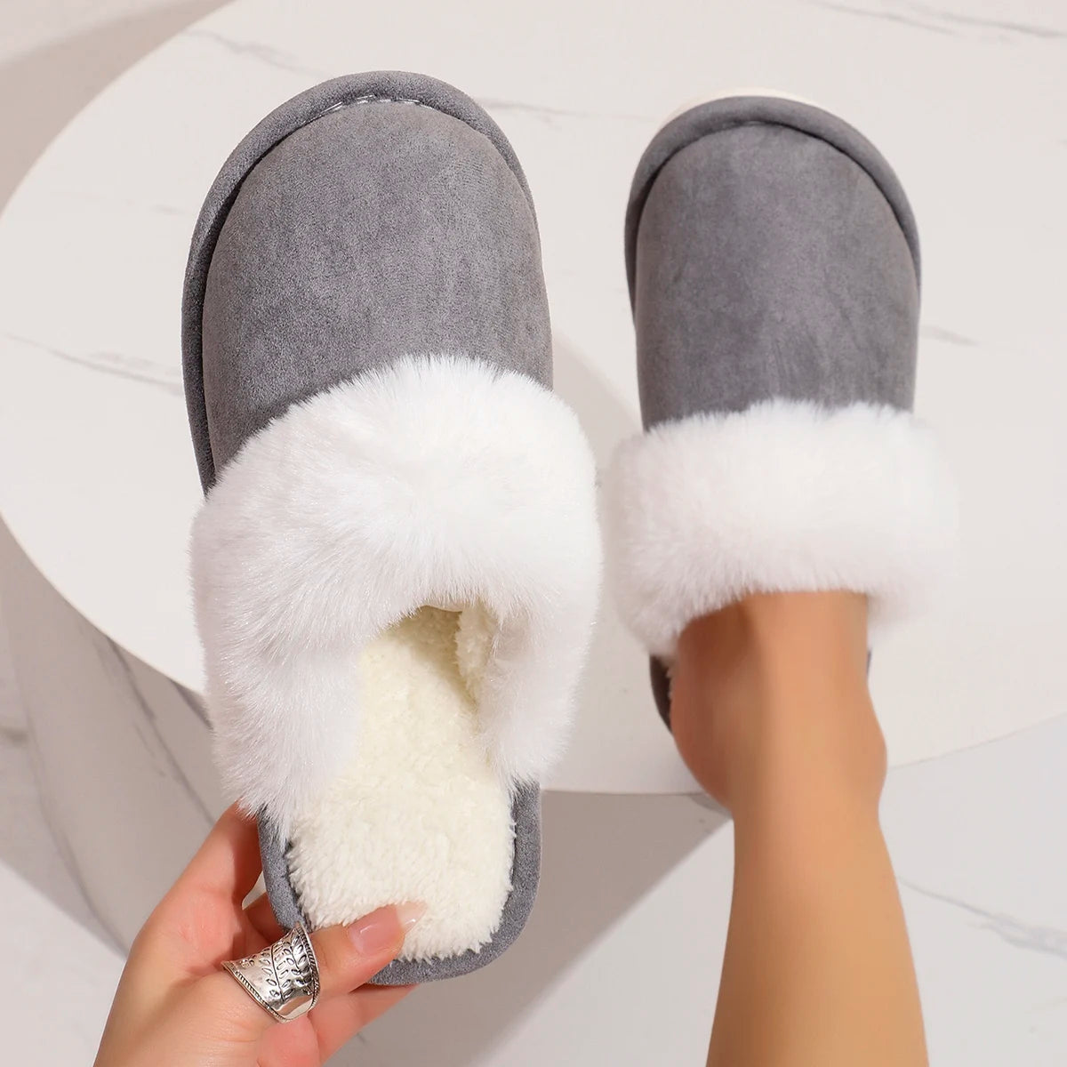 Fluffy home warm soft soled plush lined slippers