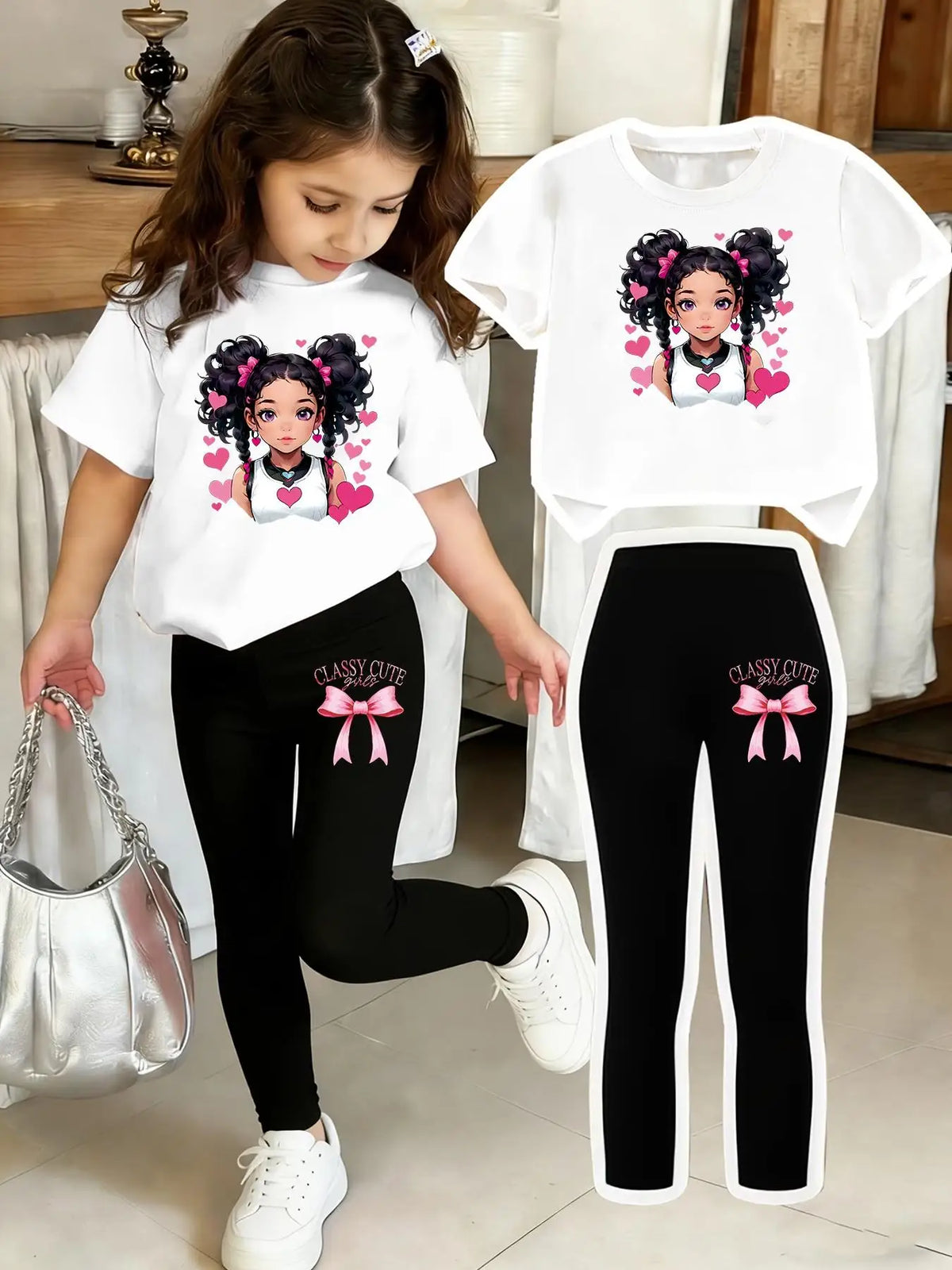 Regular Short-Sleeve With Bow Print Pants 4-12 Year Set