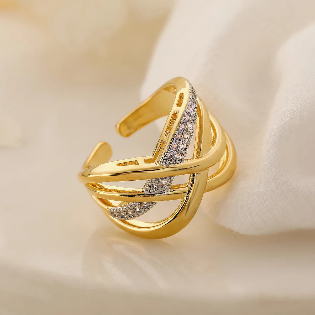 Gold/Silver Geometric Shiny AAA CZ Inlay Copper Rings