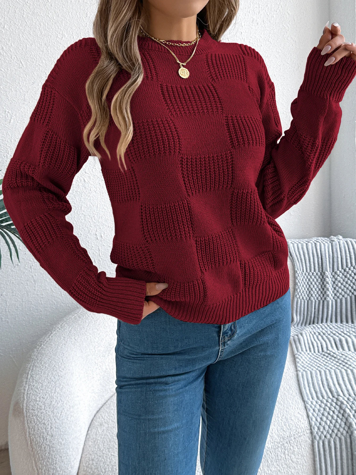 Solid Plaid Round Neck Long Sleeve Knit Cozy Sweaters