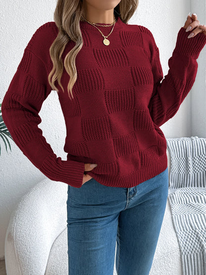 Solid Plaid Round Neck Long Sleeve Knit Cozy Sweaters